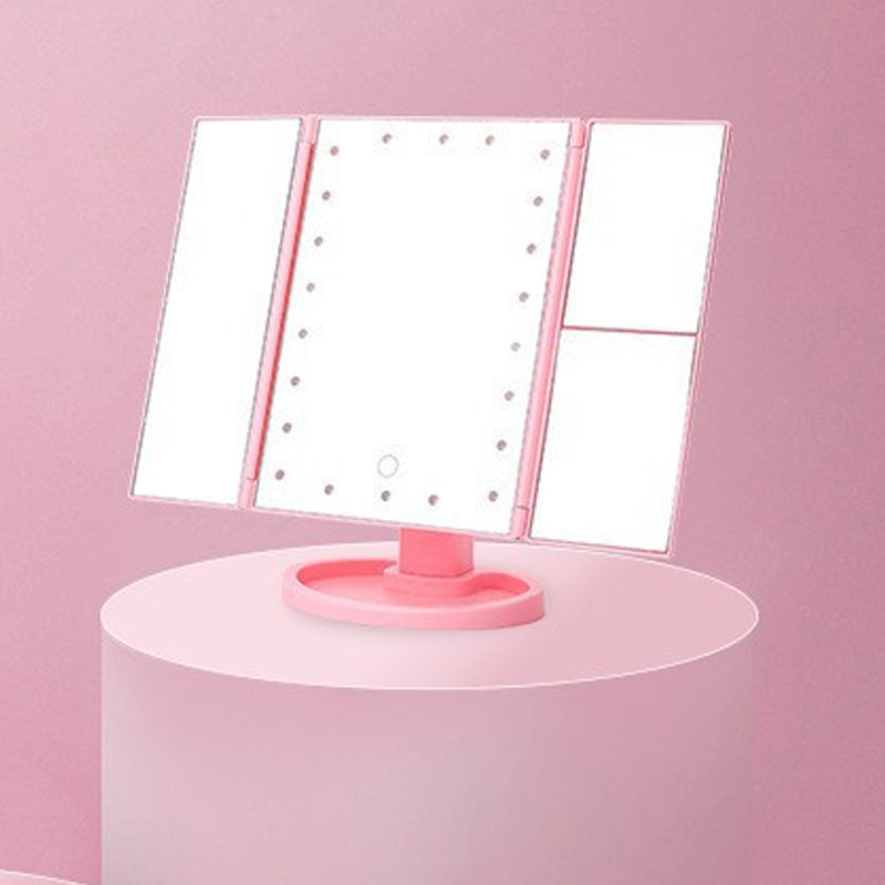 Espejo de maquillaje plegable de tres caras con luces LED – Aumentos múltiples y rotación de 180°