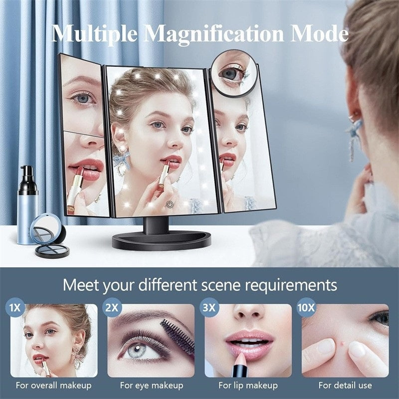Espejo de maquillaje plegable de tres caras con luces LED – Aumentos múltiples y rotación de 180°