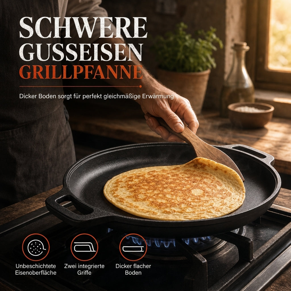 🥞 Plancha de Hierro Fundido Reforzada – Indeformable, Calor Uniforme y Diseñada para Toda la Vida