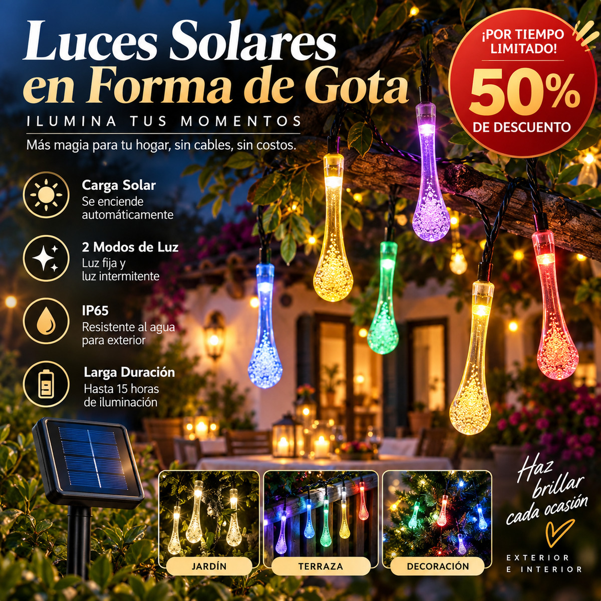 🔥 Promoción del último día 50% de descuento 🎉💧 Luces Solares de Gotas de Agua