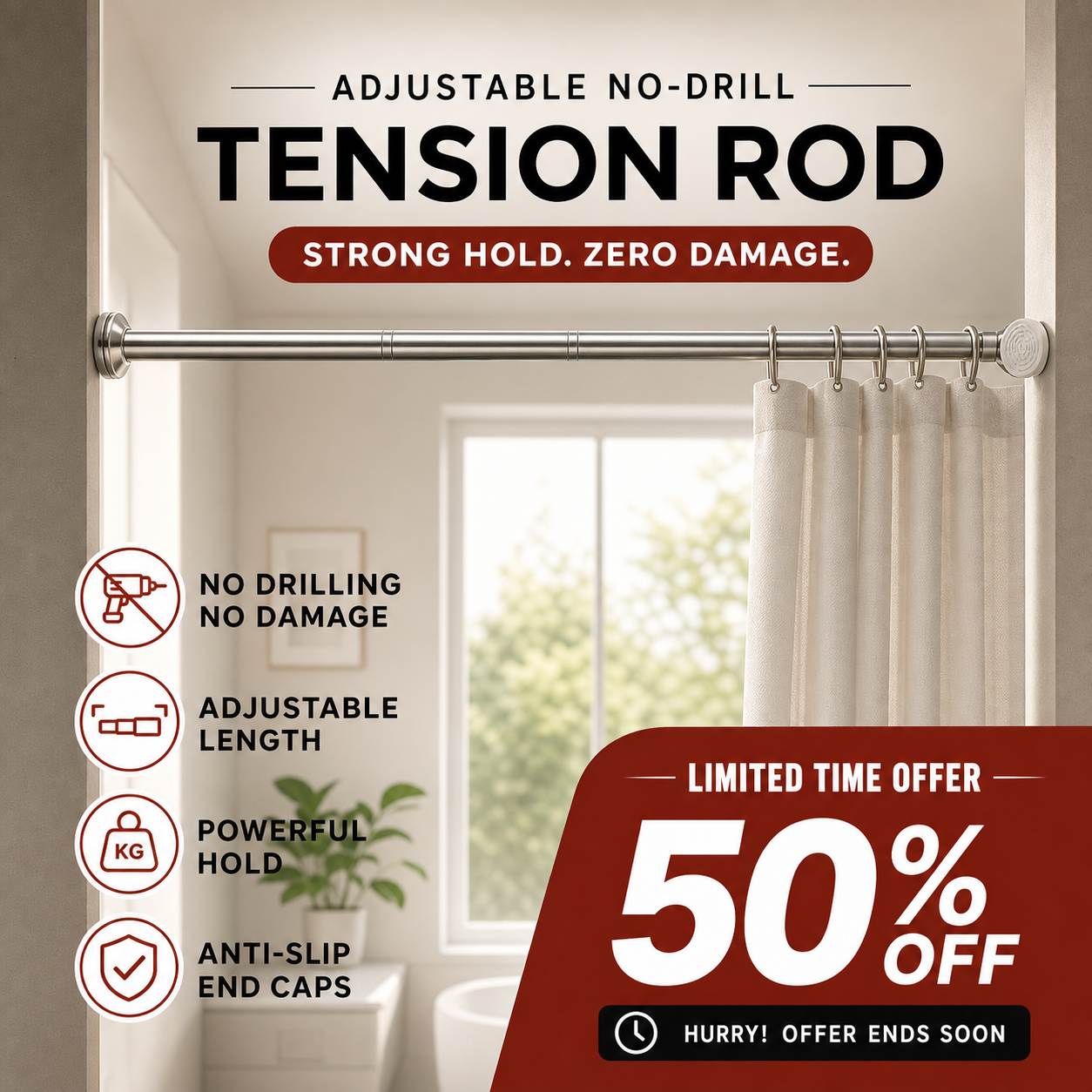 🔥 ¡Hoy 50% DE DESCUENTO! 🏠 Barra extensible ajustable sin taladrar – Instalación rápida, resistente y versátil