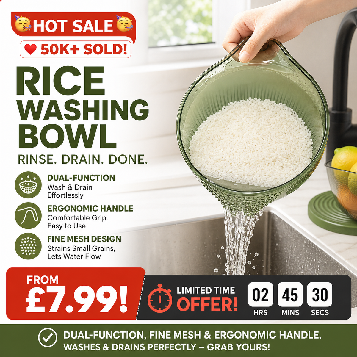 📢📢50 % DE DESCUENTO y en stock⏰ Lava el arroz sin perder ni un grano: colador de malla fina con asa. En stock en el Reino Unido