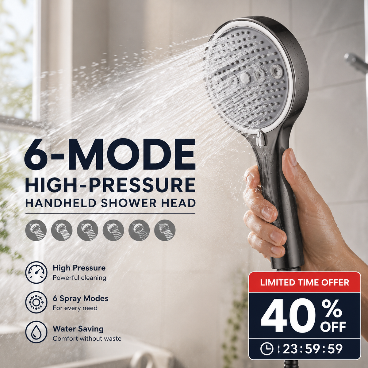 🔥¡50% DE DESCUENTO!🔥 Cabezal de Ducha de Mano de Alta Presión con 6 Modos 🚿✨ – Boquillas de Silicona Antisarro y Soporte Sin Perforación