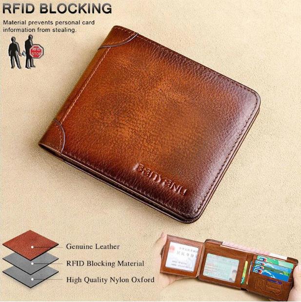 Billetera de cuero genuino resistente al agua y bloqueadora de RFID multifuncional