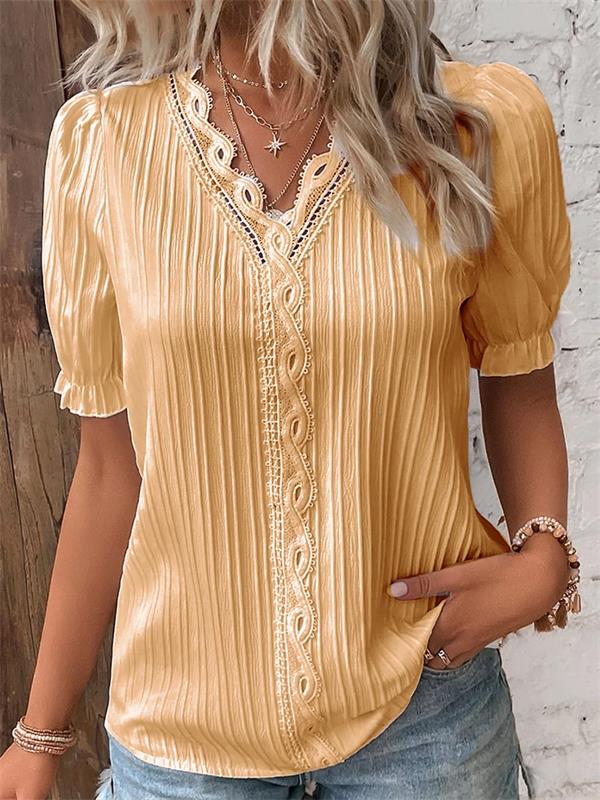 Cuello en V Encaje Liso Camisa Elegante - Compre 2 envío gratis