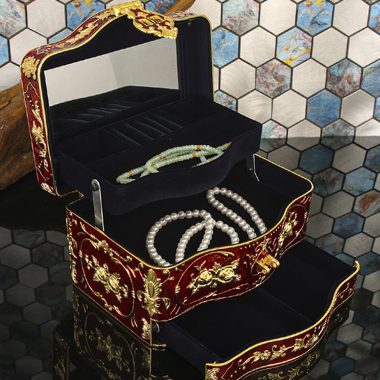 Caja de almacenamiento de joyas de tres capas exquisitas exquisitas hechas a mano