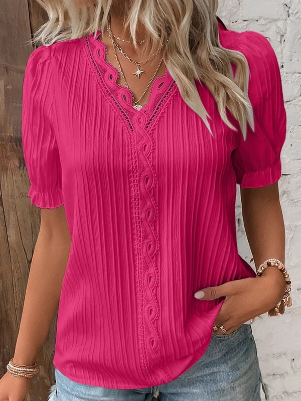 Cuello en V Encaje Liso Camisa Elegante - Compre 2 envío gratis