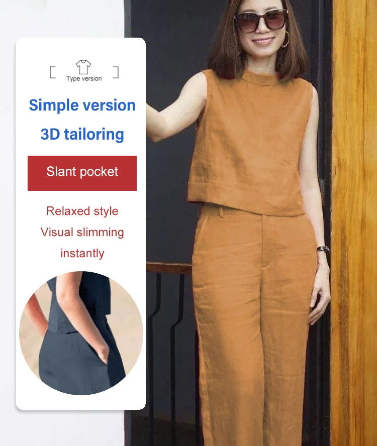 Traje casual de lino de algodón sin mangas de color sólido para mujer