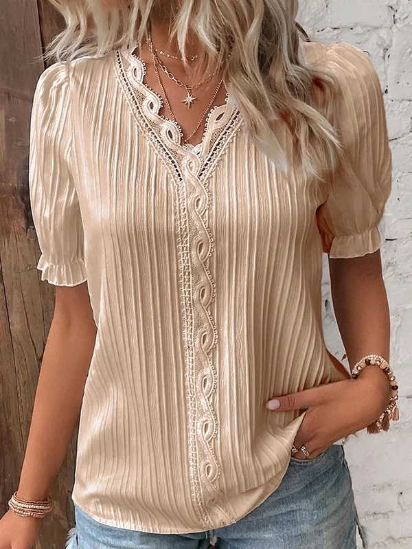 Cuello en V Encaje Liso Camisa Elegante - Compre 2 envío gratis