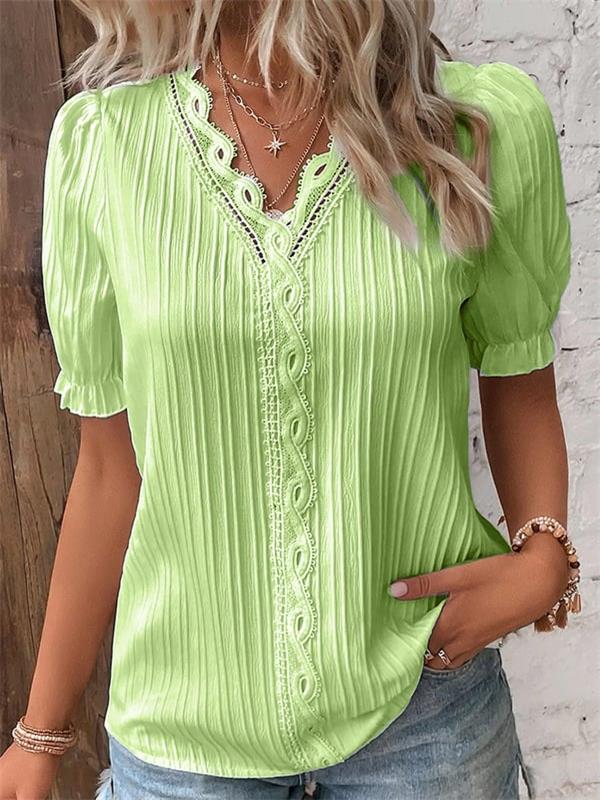 Cuello en V Encaje Liso Camisa Elegante - Compre 2 envío gratis