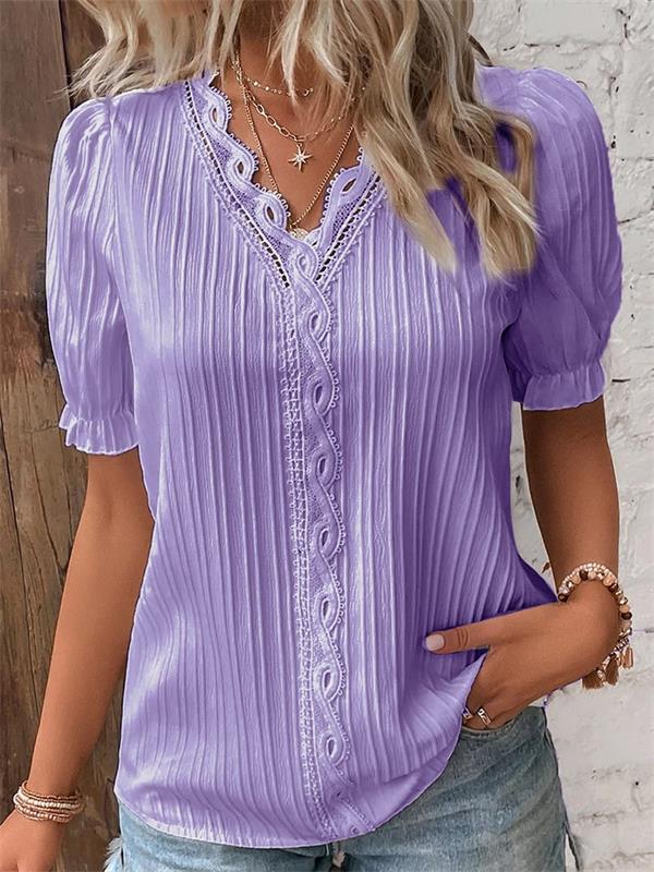 Cuello en V Encaje Liso Camisa Elegante - Compre 2 envío gratis