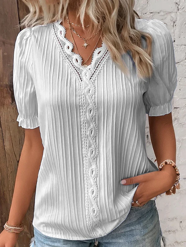 Cuello en V Encaje Liso Camisa Elegante - Compre 2 envío gratis