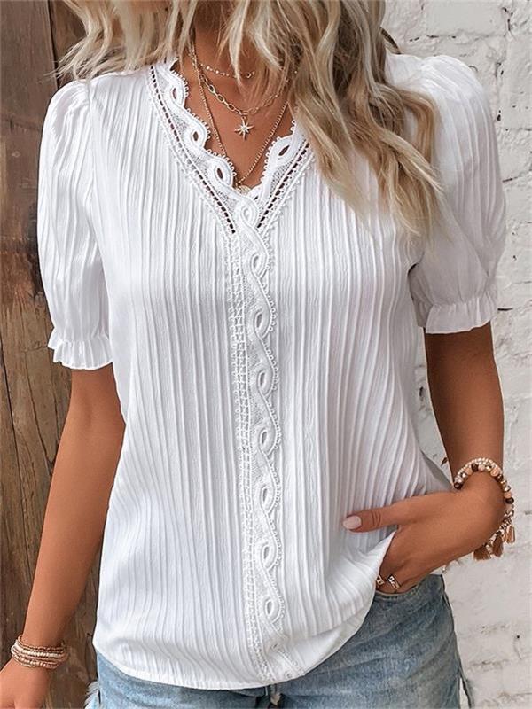 Cuello en V Encaje Liso Camisa Elegante - Compre 2 envío gratis