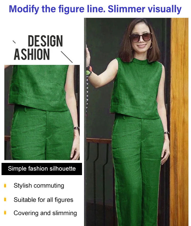 Traje casual de lino de algodón sin mangas de color sólido para mujer
