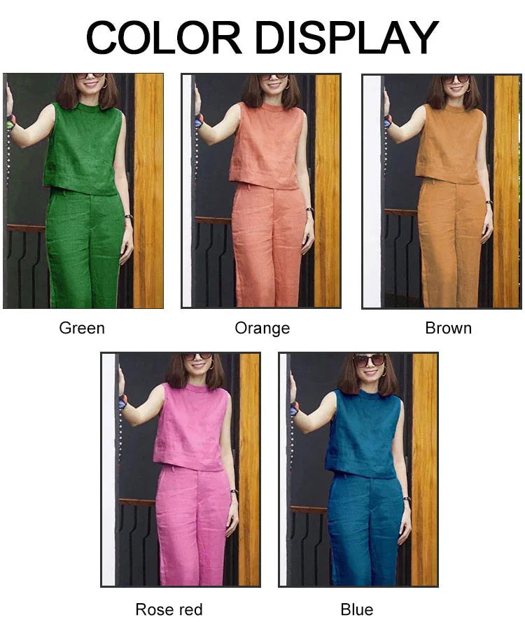 Traje casual de lino de algodón sin mangas de color sólido para mujer