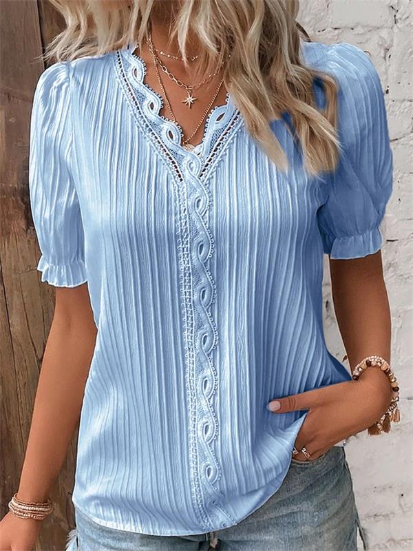 Cuello en V Encaje Liso Camisa Elegante - Compre 2 envío gratis