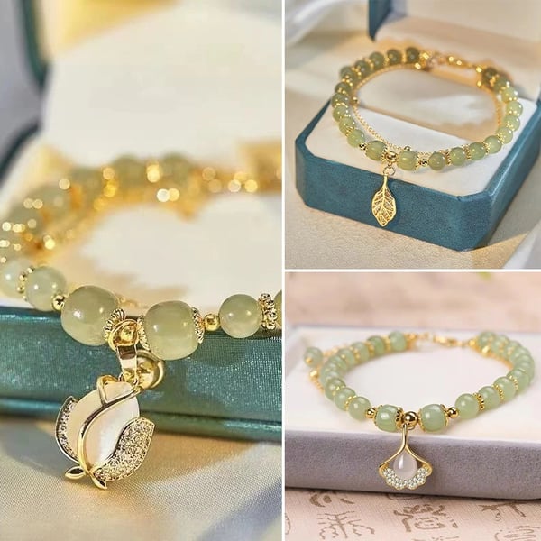 Regalo de Día de la Madre - Pulsera de Jade con Hojas Doradas para Mujer