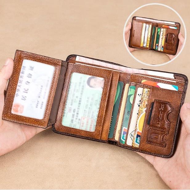 Billetera de cuero genuino resistente al agua y bloqueadora de RFID multifuncional