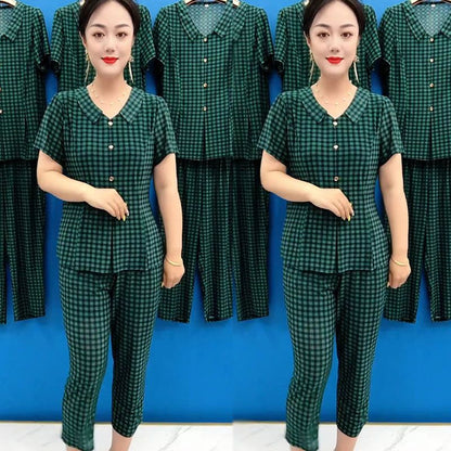 Conjunto de 2 piezas de mujer con top y pantalón Cooling Plaid