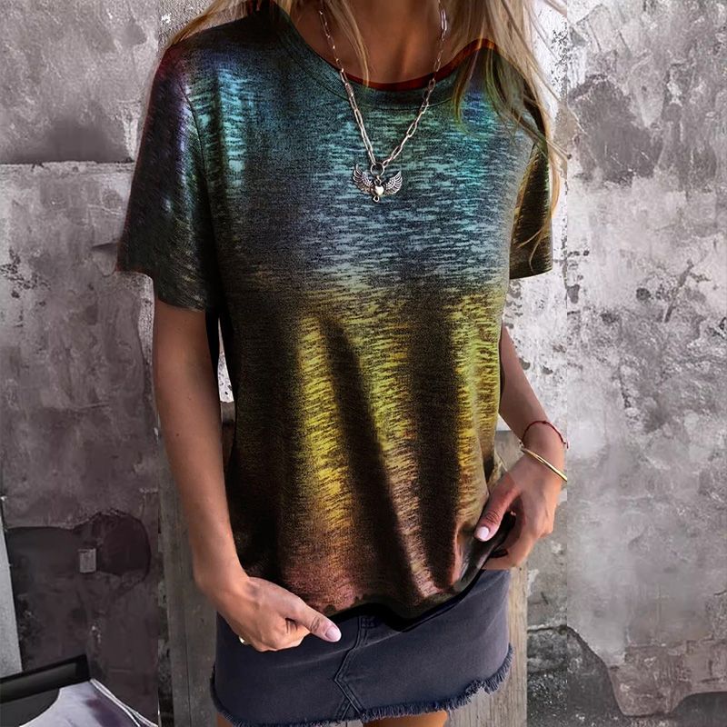Hot Stamping Cuello Redondo Camiseta de Manga Corta para Mujer